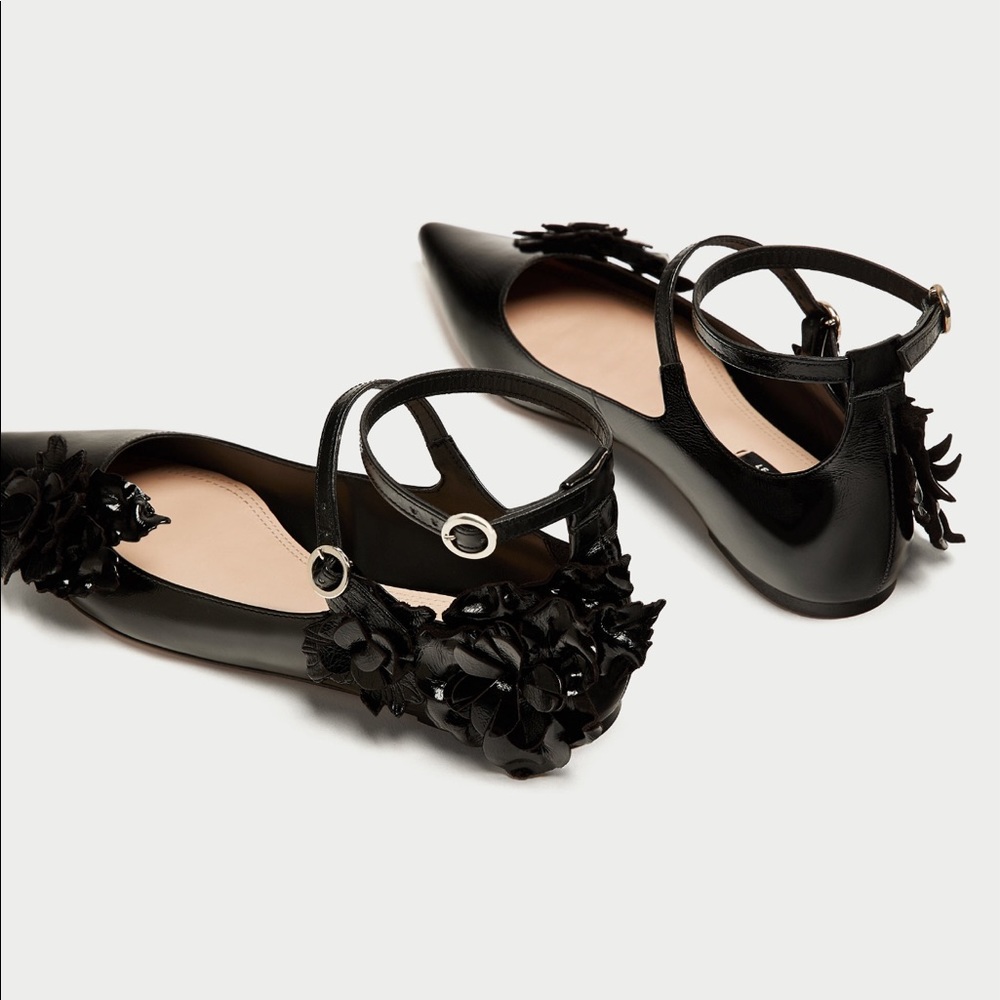 ZARA LEATHER BALLERINA FLATS FLORAL DETAIL - Picture 4 of 6